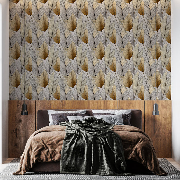 Une chambre moderne avec un papier peint aux motifs de feuilles en nuances de gris et or, créant une ambiance chaleureuse et naturelle.