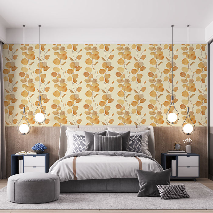Une chambre moderne avec un papier peint floral aux teintes dorées et beige, créant une atmosphère chaleureuse et accueillante.