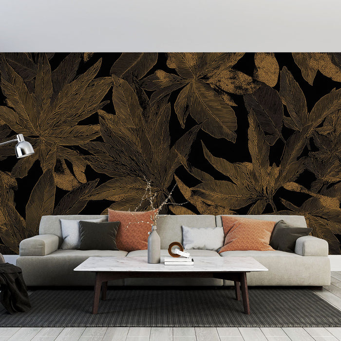 Un salon moderne avec un papier peint noir orné de grandes feuilles dorées, créant une ambiance élégante et sophistiquée.