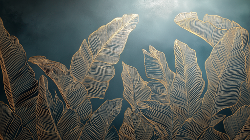 Papier peint feuillage doré Feuilles élégantes sur fond bleu profond