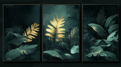 Papier peint feuillage doré Feuilles luxuriantes sur fond sombre