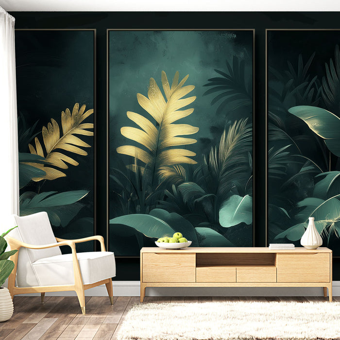 Un salon contemporain avec un papier peint tropical aux teintes sombres, mettant en valeur des feuilles dorées et vertes, créant une atmosphère luxuriante et apaisante.