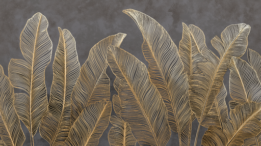 Papier peint feuillage doré Feuilles stylisées en or sur fond gris