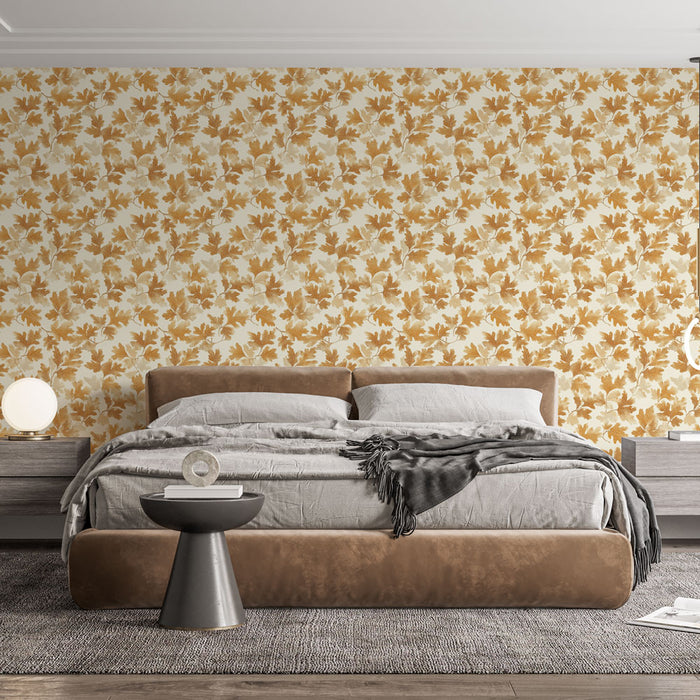 Une chambre moderne avec un papier peint floral aux teintes dorées et crème, créant une atmosphère chaleureuse et accueillante.