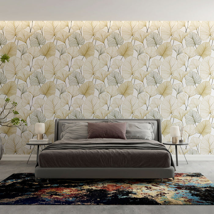 Une chambre moderne avec un papier peint floral aux motifs de feuilles dans des teintes douces de vert et beige, créant une atmosphère apaisante et naturelle.