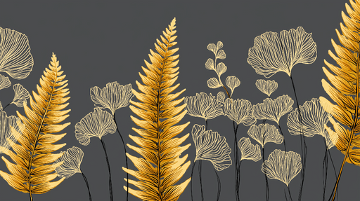 Papier peint feuillage doré Motifs de fougères et feuilles délicates sur fond gris