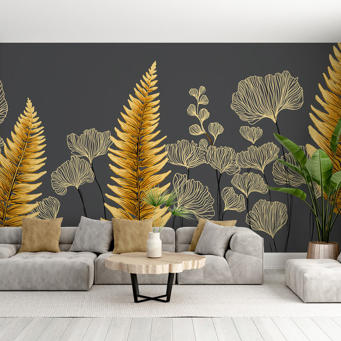 Un salon moderne avec un papier peint représentant des feuilles dorées sur fond gris, créant une ambiance élégante et chaleureuse.