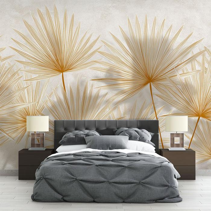 Une chambre moderne avec un papier peint aux motifs de palmiers dorés sur fond clair, créant une ambiance élégante et chaleureuse.