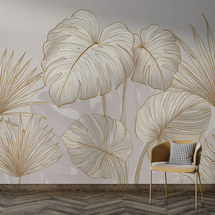 Une chambre élégante avec un papier peint tropical aux motifs de grandes feuilles dorées sur fond beige, créant une ambiance apaisante et raffinée.