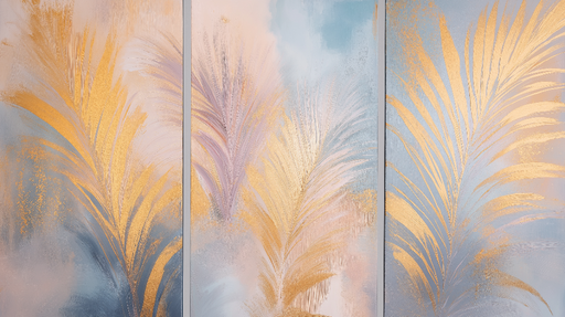 Papier peint feuillage doré Plumes tropicales aux nuances pastel