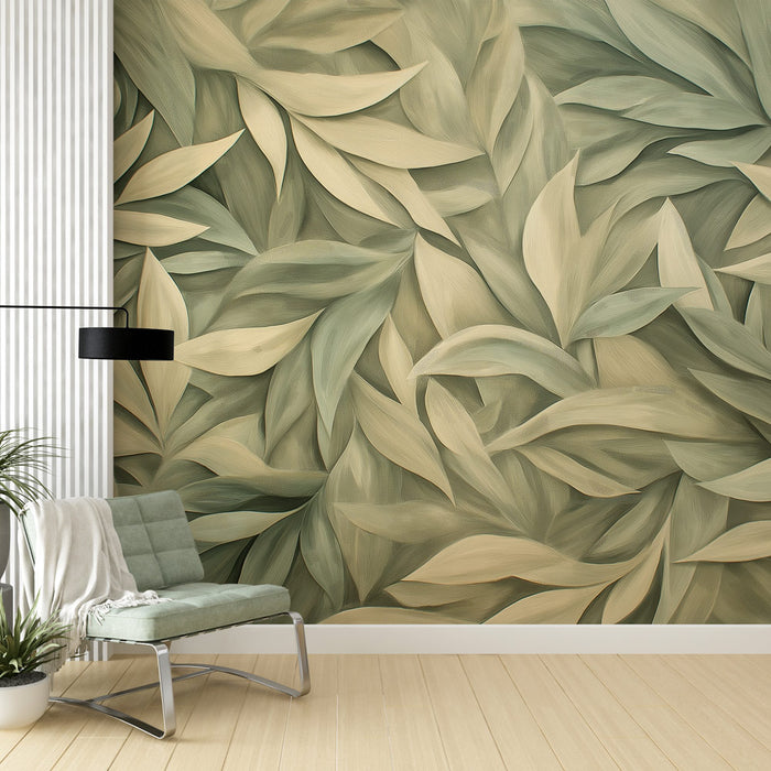 Une pièce moderne avec un papier peint aux motifs de feuilles délicates dans des teintes vertes et crème, créant une ambiance apaisante et naturelle.