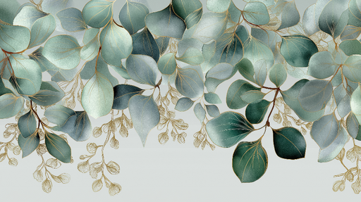 Papier peint feuillage doux Feuilles aquatiques et dorées sur fond doux