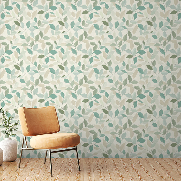 Une chambre moderne avec un papier peint floral aux motifs de feuilles dans des teintes douces de vert et beige, créant une atmosphère apaisante et naturelle.