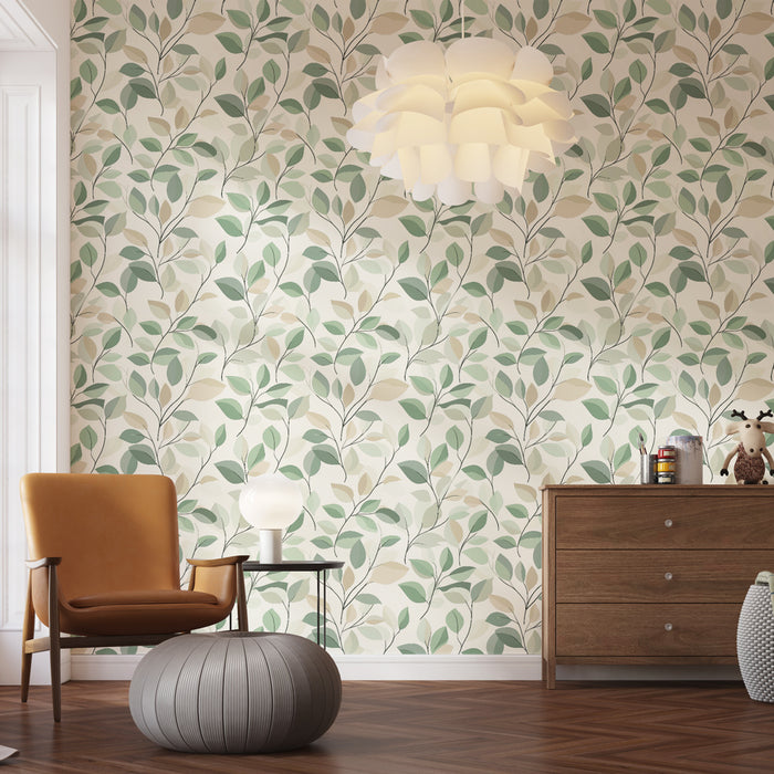 Une pièce moderne avec un papier peint aux motifs de feuilles délicates dans des teintes vertes et beiges, créant une ambiance naturelle et apaisante.