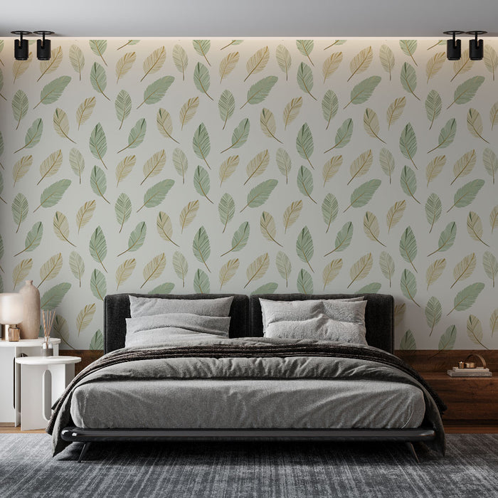 Une chambre moderne avec un papier peint aux motifs de feuilles délicates dans des teintes vertes et dorées, créant une ambiance naturelle et apaisante.