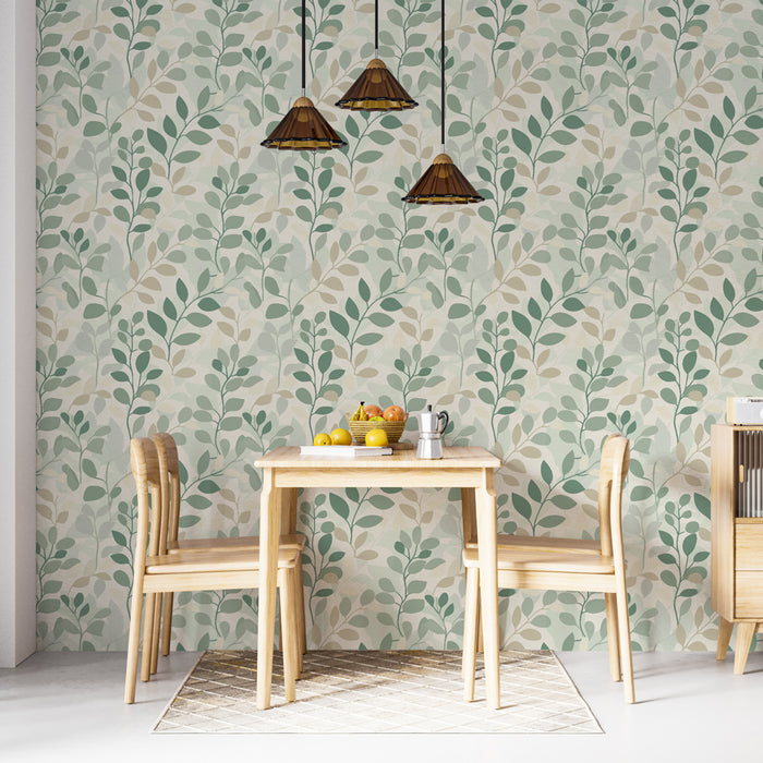 Une salle à manger lumineuse avec un papier peint aux motifs de feuillage délicat dans des teintes vertes et beige, créant une atmosphère naturelle et apaisante.