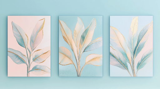 Papier peint feuillage élégant Feuilles délicates aux nuances pastel et accents dorés