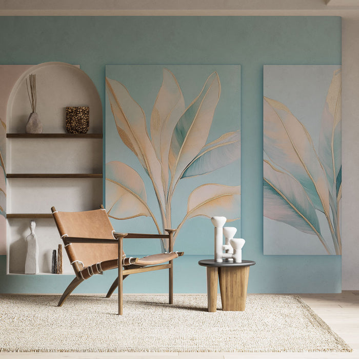 Papier peint feuillage élégant | Feuilles délicates aux nuances pastel et accents dorés
