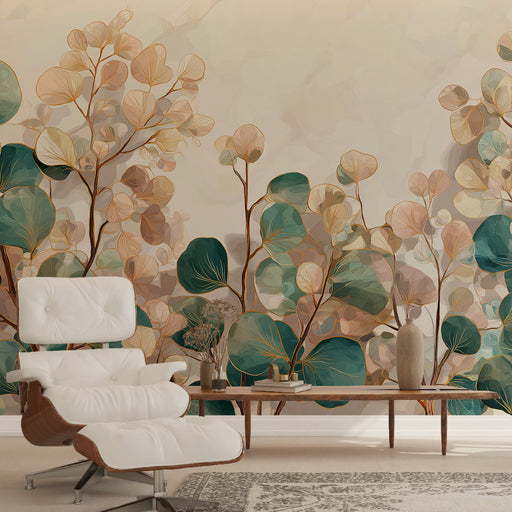 Une pièce de vie moderne avec un papier peint botanique aux teintes douces de vert et beige, créant une atmosphère apaisante et naturelle.