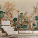 Une pièce de vie moderne avec un papier peint botanique aux teintes douces de vert et beige, créant une atmosphère apaisante et naturelle.