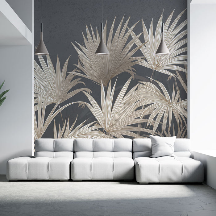 Un salon contemporain avec un papier peint représentant de grandes feuilles de palmier en relief sur fond gris, créant une ambiance élégante et apaisante.