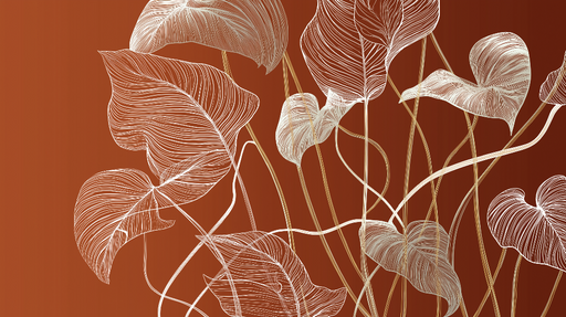 Papier peint feuillage élégant Feuilles dessinées en contours blancs sur fond terracotta chaleureux