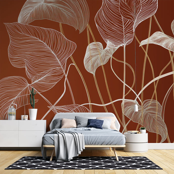 Papier peint feuillage élégant | Feuilles dessinées en contours blancs sur fond terracotta chaleureux