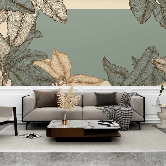 Un salon moderne avec un papier peint représentant de grandes feuilles stylisées dans des tons verts et beiges, créant une atmosphère apaisante et naturelle.