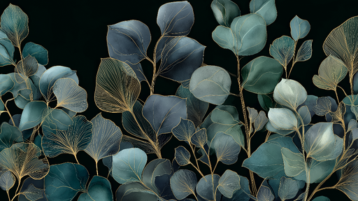 Papier peint feuillage élégant Fines branches et feuilles aux nuances de bleus