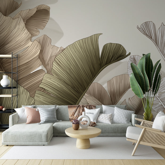Un salon moderne avec un papier peint représentant de grandes feuilles tropicales aux lignes délicates dans des teintes beige et vert, créant une ambiance naturelle et apaisante.