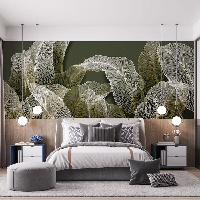 Une chambre moderne avec un papier peint représentant de grandes feuilles délicates en blanc sur fond vert foncé, créant une atmosphère apaisante et naturelle.