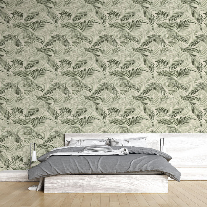 Une chambre moderne avec un papier peint aux motifs de feuilles délicates dans des teintes vertes sur fond clair, créant une atmosphère apaisante et naturelle.