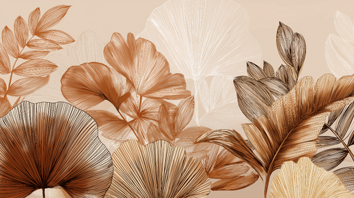 Papier peint feuillage élégant Motifs de feuilles stylisées en nuances de beige et brun