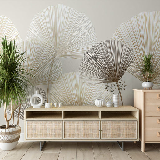 Une pièce moderne avec un papier peint aux motifs de feuilles stylisées en or et blanc, créant une ambiance élégante et apaisante.