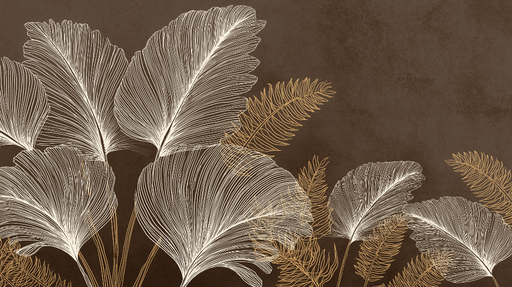 Papier peint feuillage élégant Motifs fins de feuilles blanches et dorées sur fond brun