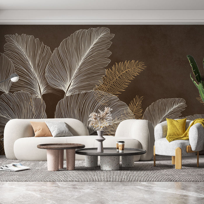Un salon moderne avec un papier peint représentant de grandes feuilles blanches et dorées sur fond marron, créant une ambiance chaleureuse et élégante.