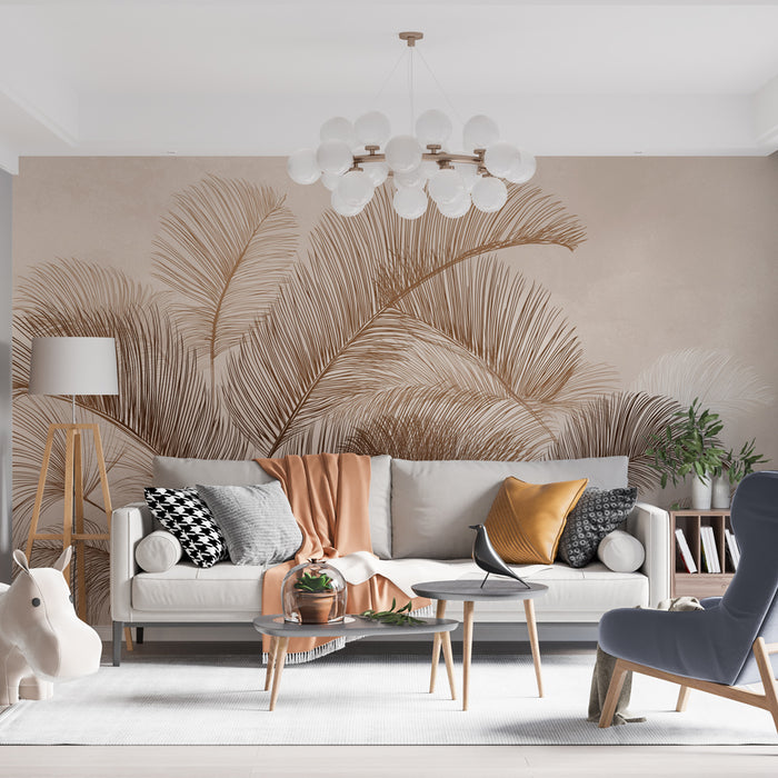 Un salon contemporain avec un papier peint représentant de grandes feuilles de palmier en relief doré sur fond beige, créant une atmosphère chaleureuse et apaisante.