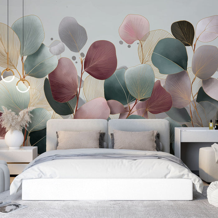 Une chambre moderne avec un papier peint aux motifs de feuilles stylisées dans des teintes douces de vert, rose et doré, créant une atmosphère apaisante et élégante.