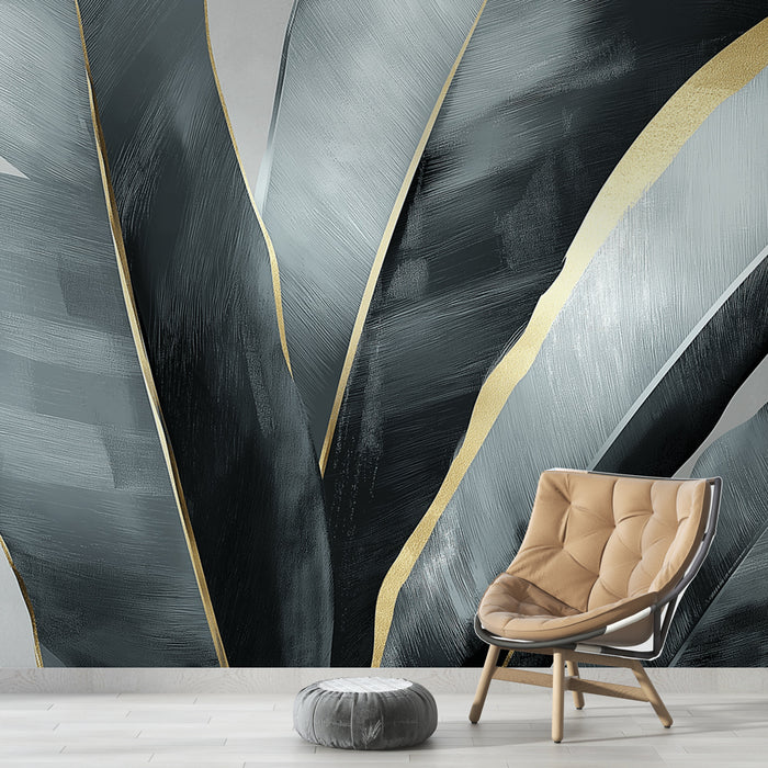 Une pièce moderne avec un papier peint représentant de grandes feuilles stylisées en nuances de gris et or, créant une ambiance élégante et contemporaine.