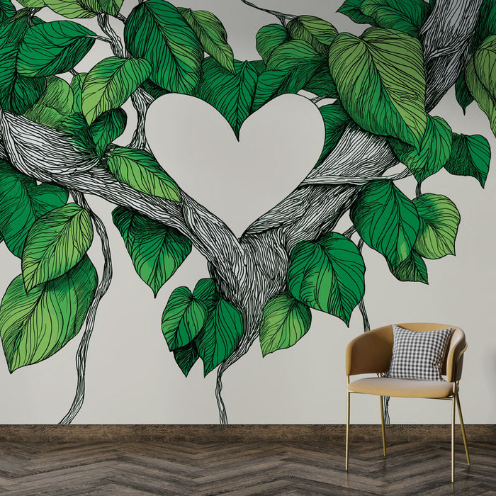 Une pièce moderne avec un papier peint représentant des feuilles vertes stylisées et des branches formant un cœur, créant une ambiance naturelle et chaleureuse.