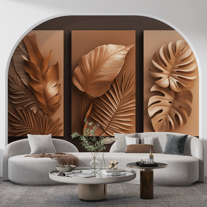 Un salon contemporain avec un papier peint en relief représentant de grandes feuilles tropicales aux teintes cuivrées, créant une atmosphère chaleureuse et élégante.