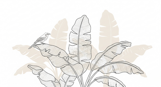 Papier peint feuillage et oiseau Feuilles stylisées et un oiseau délicat