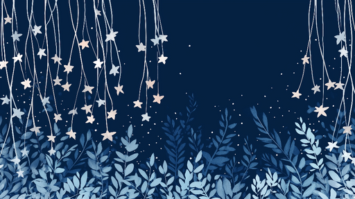 Papier peint feuillage étoilé Douces feuilles et étoiles luminescentes sur fond bleu nuit