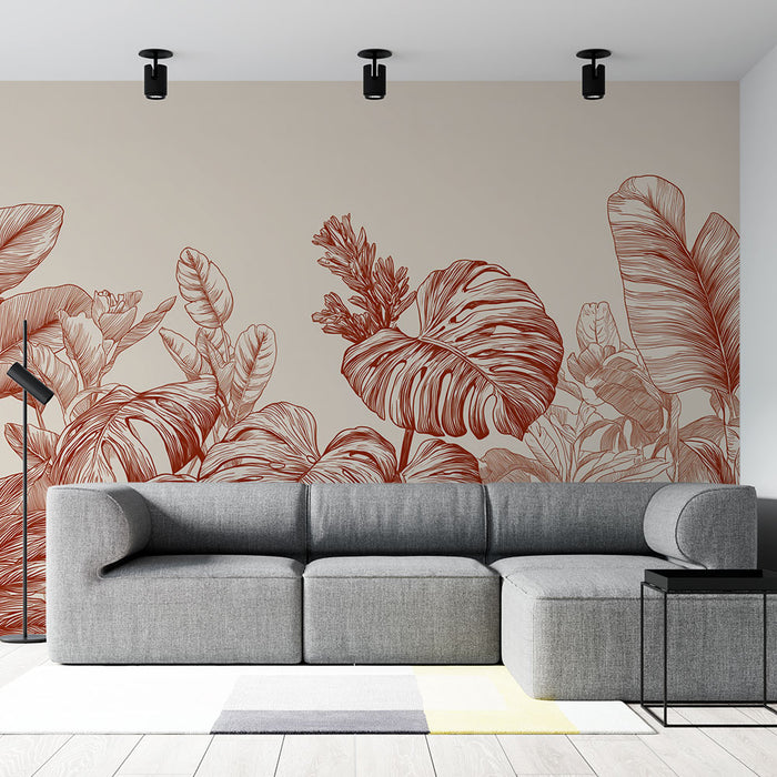 Papier peint feuillage exotique | Feuilles en tons rouges sur fond clair