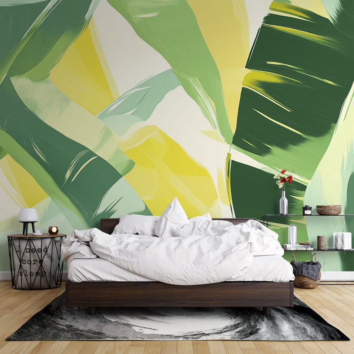 Une chambre moderne avec un papier peint tropical aux grandes feuilles vertes et jaunes, créant une ambiance fraîche et vivifiante.