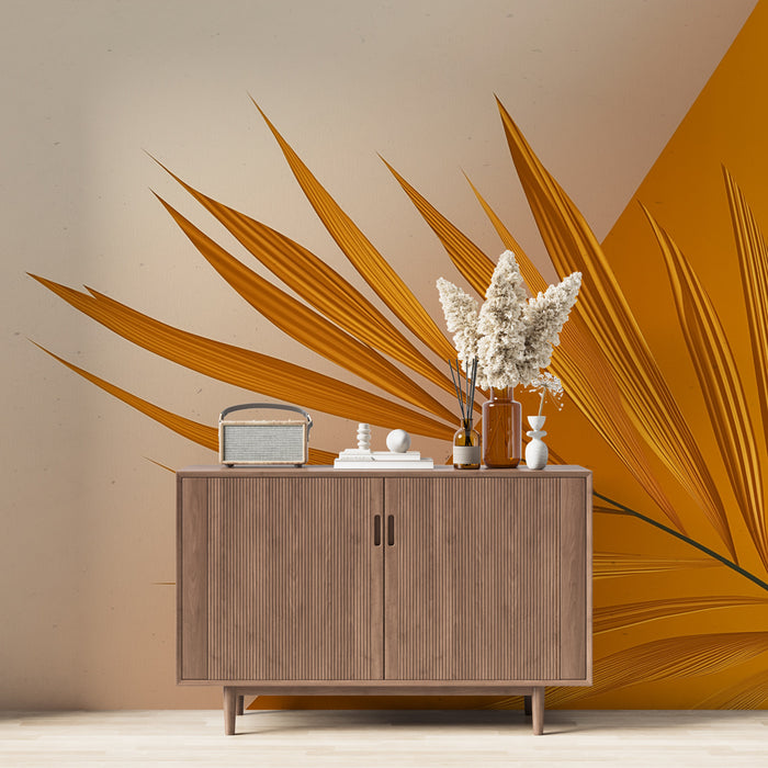 Une pièce moderne avec un papier peint représentant de grandes feuilles stylisées aux teintes orange et beige, créant une ambiance chaleureuse et accueillante.