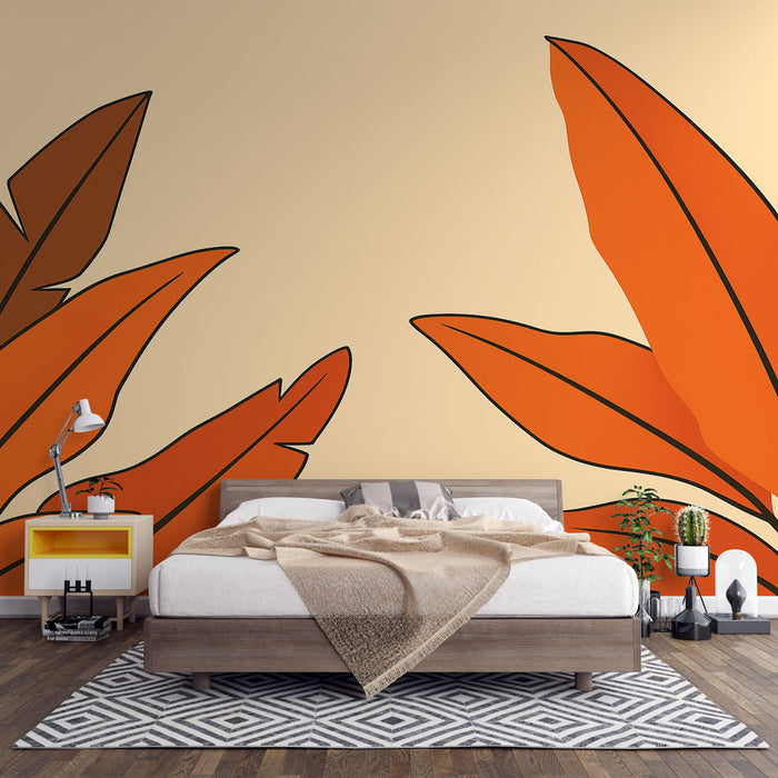 Une chambre moderne avec un papier peint aux grandes feuilles stylisées orange sur fond beige, créant une atmosphère chaleureuse et accueillante.