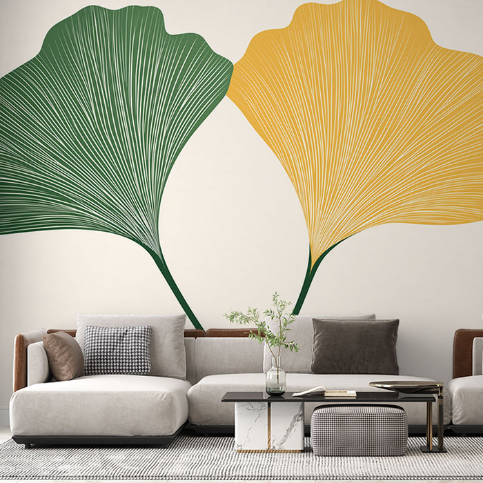 Papier peint feuillage | Feuilles de ginkgo verte et jaune sur fond clair