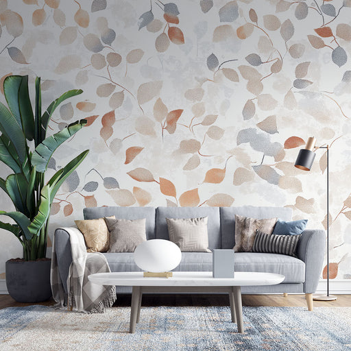 Papier peint feuillage avec feuilles délicates dans des tons doux pour salon moderne
