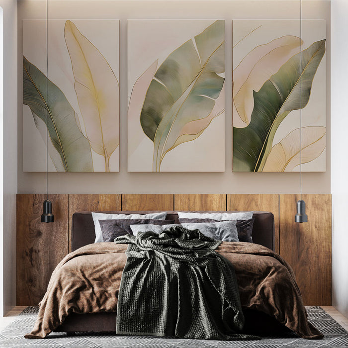 Une chambre moderne avec un papier peint représentant de grandes feuilles stylisées aux teintes douces et dorées, créant une atmosphère apaisante et élégante.